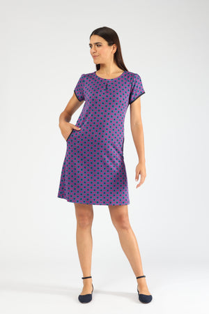 Kurzärmeliges A-Linien-Kleid mit Grafik-Print in Lila und Blau, knielanges Damenkleid mit Taschen für Freizeit und Büro.