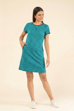 Damen A-Linien-Kleid „Hanna Petrol Drops“ in Petrol mit geometrischem Rautenmuster, Kurzarm und dunkler Paspelierung Costura Fair Fashion