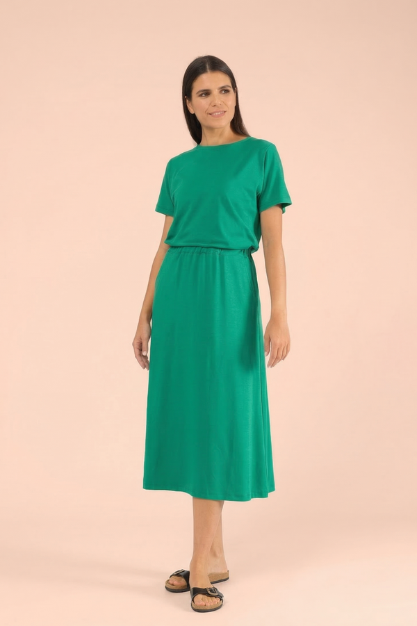 Grünes Jerseykleid May Cool Jade, sommerliches Freizeitkleid mit Rundhalsausschnitt und ausgestelltem Rock